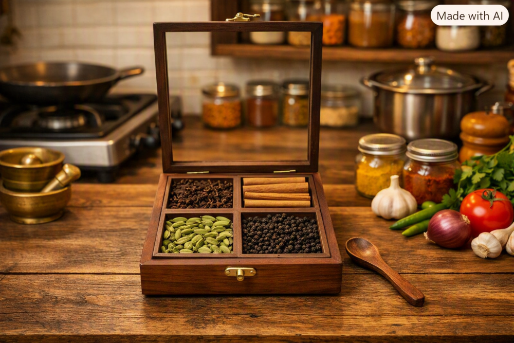 Sheesham Wood 4-Section Spice Box with Glass Lid & Spoon | Wooden Masala Dabba