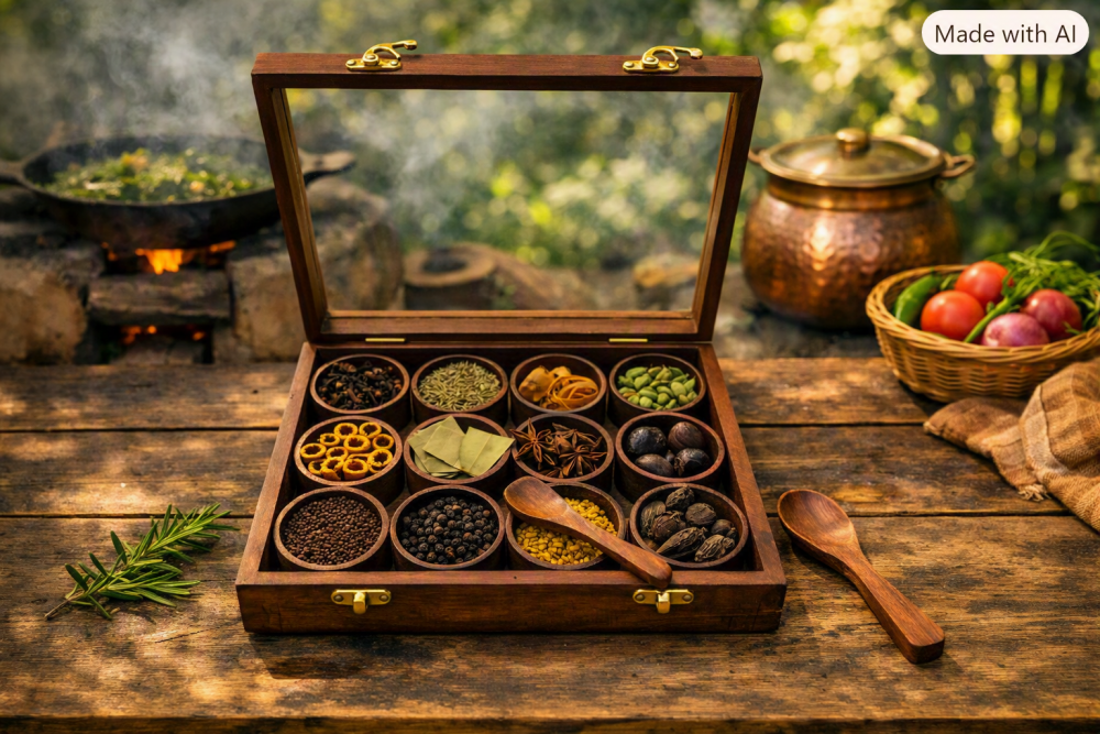Premium Wooden Masala Box with 12 Removable Bowls & Glass Lid | Spice Organizer