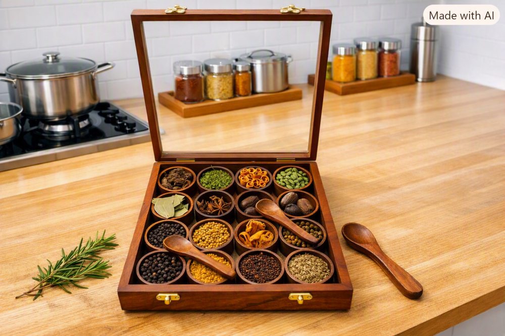 Luxury 16-Section Wooden Masala Box with Spoons & Glass Lid | Large Spice Gift Box