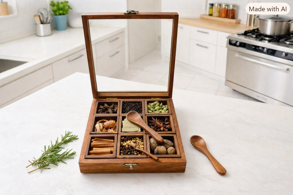 Handcrafted 9-Compartment Wooden Spice Box with Glass Lid | Kitchen Masala Dani